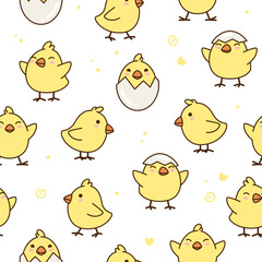 Simple cute kawaii chicken, birds seamless pattern, background. Kids, children cartoon illustrations