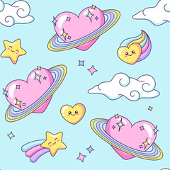 Heart-shaped, heart planet with rainbow rings seamless pattern, background. Cute cartoon drawing, vector illustration with stars, hearts and clouds