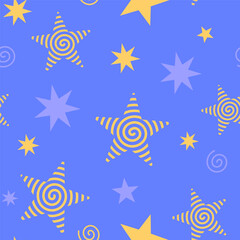 Night sky, spiral stars seamless pattern, cartoon style abstract background