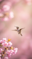 Hummingbird Flying Toward Pink Cherry Blossoms in Soft Dreamy Light 