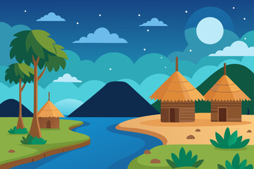 Vector illustration of a village with houses, trees, and mountains in a rural landscape