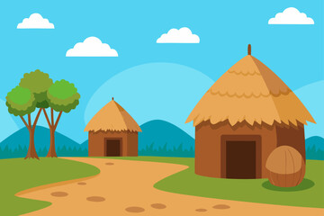 Vector illustration of an old village with a church and houses under a summer sky