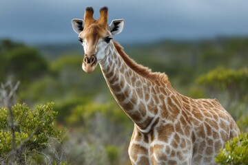 Fototapeta premium Giraffe walks through lush greenery in a natural habitat during a cloudy day in the wild