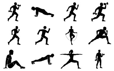 Set of fitness and workout silhouettes, exercise and healthy lifestyle icons