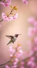 Hummingbird Flying Toward Pink Cherry Blossoms in Soft Dreamy Light 