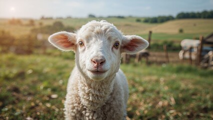 Headshot of a lamb in an agricultural environment
