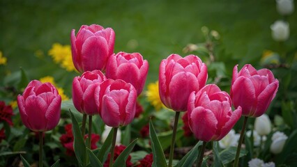 Ornamental garden showcasing vibrant pink tulips in spring, floral background