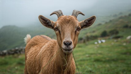 Profile of a goat grazing in a natural pasture