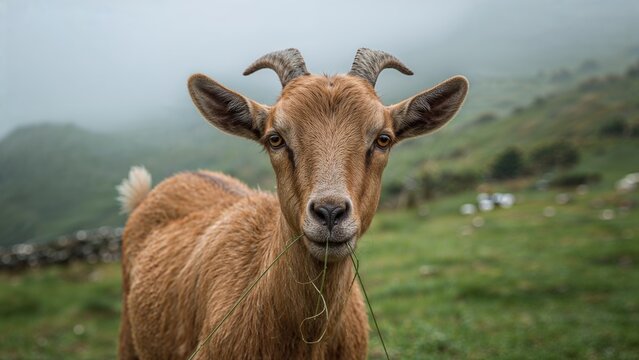 Profile of a goat grazing in a natural pasture