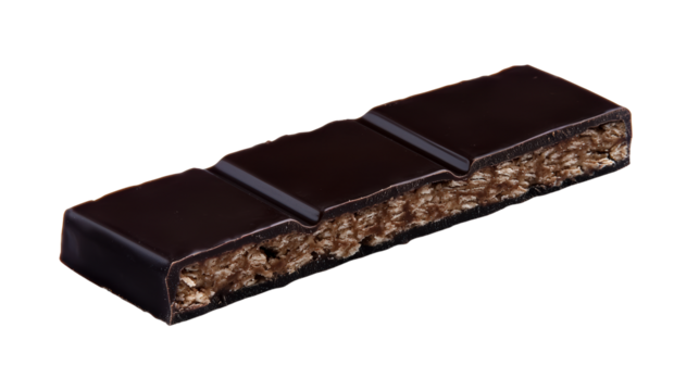 Dark chocolate bar with filled center on transparent background