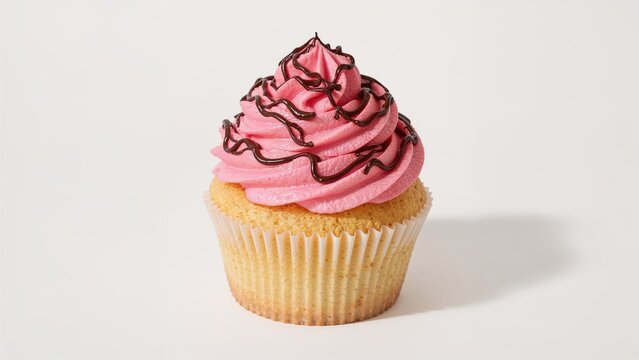Tasty cupcake topped with pink cream on a clean white setting