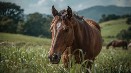Obraz premium Horse grazing peacefully while being photographed