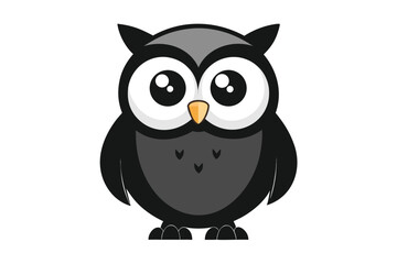 Fototapeta premium Cartoon Owl Illustration Cute Black and Gray Bird with Big Eyes on White Background