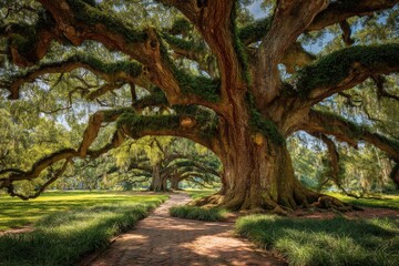 Naklejka premium Majestic oak trees line a serene pathway beneath the blue sky in a quiet park during early morning light