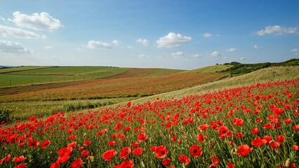 A scenic view of poppy plants next to a quiet road