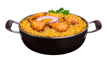 Delicious chicken biryani served in a black pot with spices