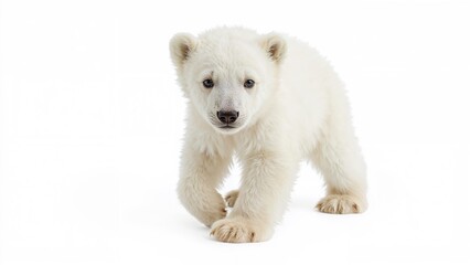 Obraz premium Small polar bear ambulating on a white canvas