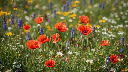 Fototapeta premium Outdoor scene with poppies and various wildflowers