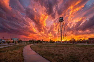 Beautiful sunset sky filled with dramatic clouds over water tower in small town park