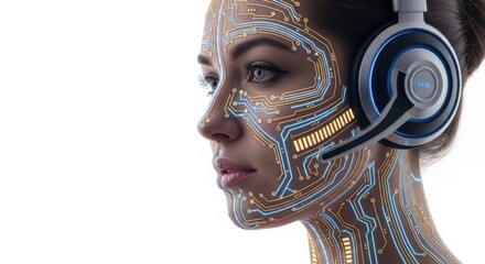Woman with futuristic digital circuit pattern on face wearing headset isolated on white background