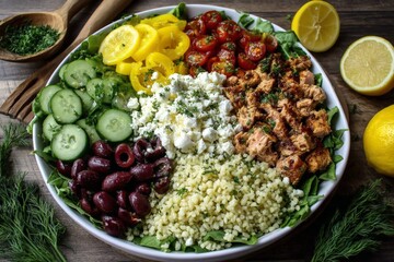 Colorful salad bowl with grilled chicken, fresh vegetables, and herbs served on a wooden table with lemon wedges