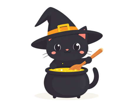Witch Cat Stirring a Cauldron – Cartoon Character PNG 