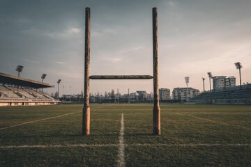 Majestic rugby goal posts stand on a quiet field at sunset in a serene sports stadium