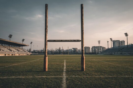 Majestic rugby goal posts stand on a quiet field at sunset in a serene sports stadium - Powered by Adobe