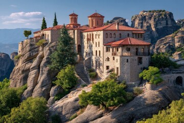 Obraz premium Majestic monastery perched on rocky cliffs in Greece during golden hour with dramatic sky and greenery