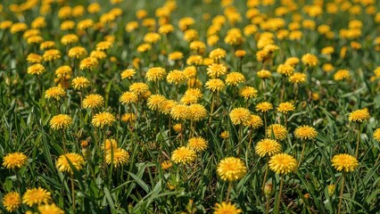 Lively green field dotted with many blooming dandelions on a sunny day