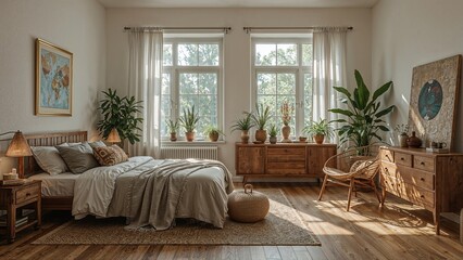 Cozy bedroom featuring wooden furniture, potted plants, and ethnic-inspired decor with a rustic aesthetic and large window curtains, empty space, panoramic view