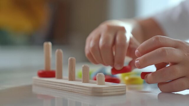 Kid playing with jigsaw puzzle. child assembling colorful jigsaw rings. Family bonding time with educational game. Kid develops motor skills while solving jigsaw. Fun family activity focused learning.