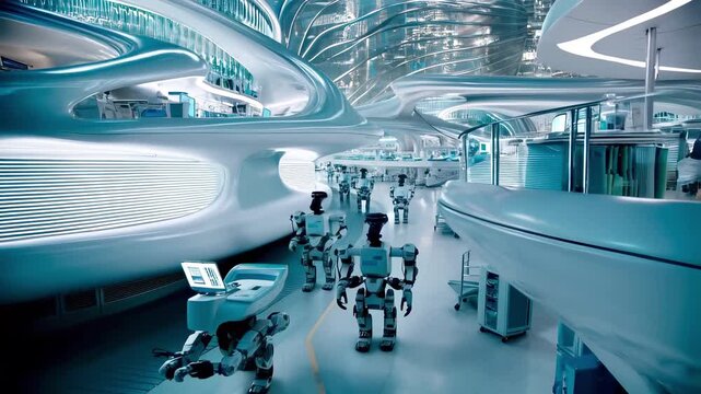 Futuristic space with robots and lot of glass. Scene is futuristic and industrial. Robots move quickly through futuristic corridors of high-tech space. streamlined lobby design in blue and white tones