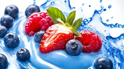 Fresh strawberries, raspberries, and blueberries in a splash of blue cream.