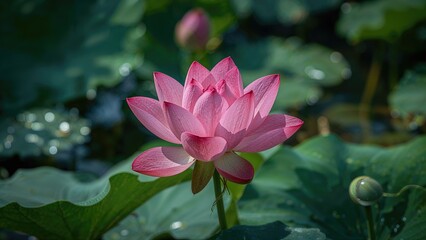Obraz premium Serene Pond with Vibrant Pink Lotus