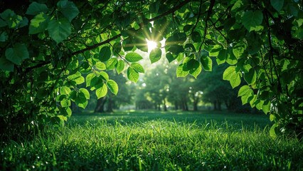 Obraz premium Lush foliage and sunlit grass textures in a mystical forest setting