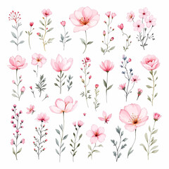 pink flowers background, Watercolor floral clipart set. Blue, pink, violet and yellow wild chamomile, daisy flowers, branches, leaves and twigs.