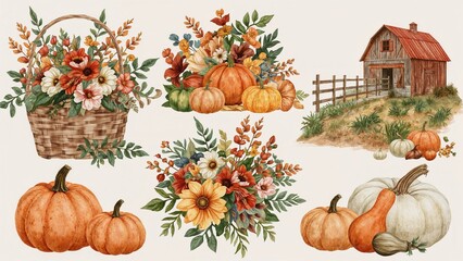 Illustration of a countryside harvest with watercolor pumpkins, flowers, and autumn veggies for wedding decor