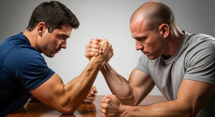 Two men arm wrestling at a table, symbolizing strength and competition. Business rival challenge and sport power.
