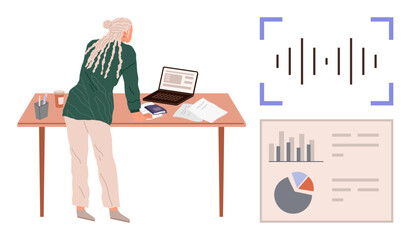 Person reviewing documents on desk, laptop open with graphs, surrounded by analysis tools. Ideal for business, data, analytics, research, planning strategy productivity. Conceptual simple flat