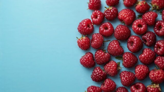 Juicy red raspberries set against a blue background, abstract design, texture, health, fruit, circle, wallpaper, red, liveliness