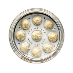 Frozen Dumplings in Steam Tray on White Background - Culinary Delight