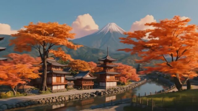 A pagoda tower in a Japanese riverside village. Mountains in the background with orange sunset clouds. A view of a village street, orange maple trees, and autumn leaves. 4K video.