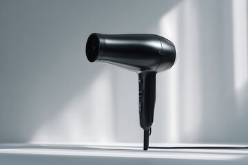 Sleek professional black hairdryer on clean grey background with soft light creating dramatic shadows, perfect for beauty and salon marketing.

