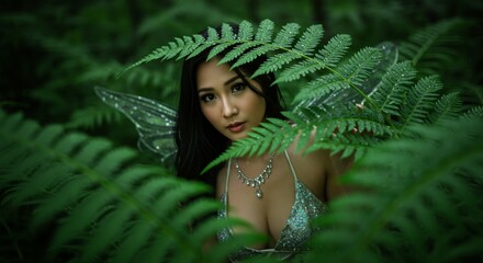 Enchanting Female Fairy Emerging from Lush Green Ferns in Forest