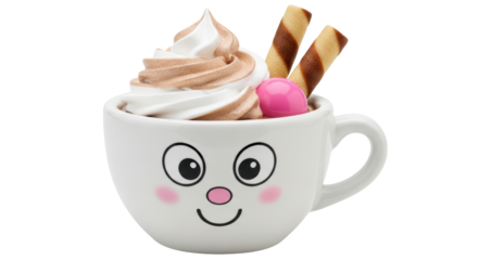 Isolated Smiling Cup with Whipped Cream and Wafer Sticks