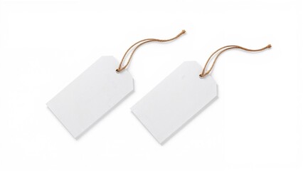 Set of dual unmarked paper price tags with hanging strings displayed on a plain white surface. High definition.