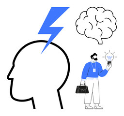 Silhouette head with lightning, sketch-style brain, man holding a light bulb. Ideal for innovation, creativity, business solutions, strategy, problem-solving education productivity. Minimal simple