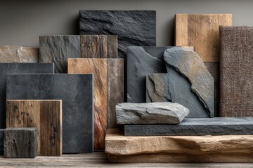 Natural materials showcase in a modern interior design setting with a variety of textures and colors