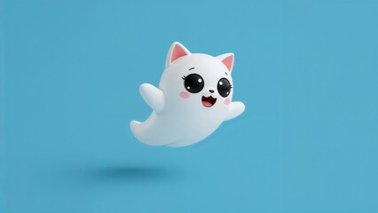 Charming kawaii ghost kitty with big eyes and open mouth in mid-air